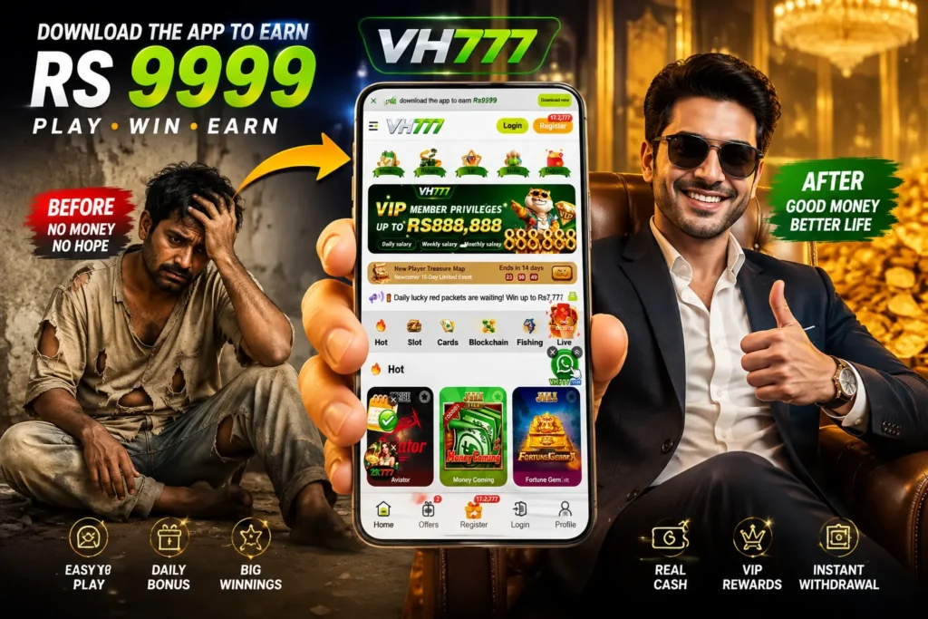 Promotional banner showing VH777 Game APK Download for Android on a mobile phone with a before-and-after concept, highlighting gameplay, rewards, and VIP features.