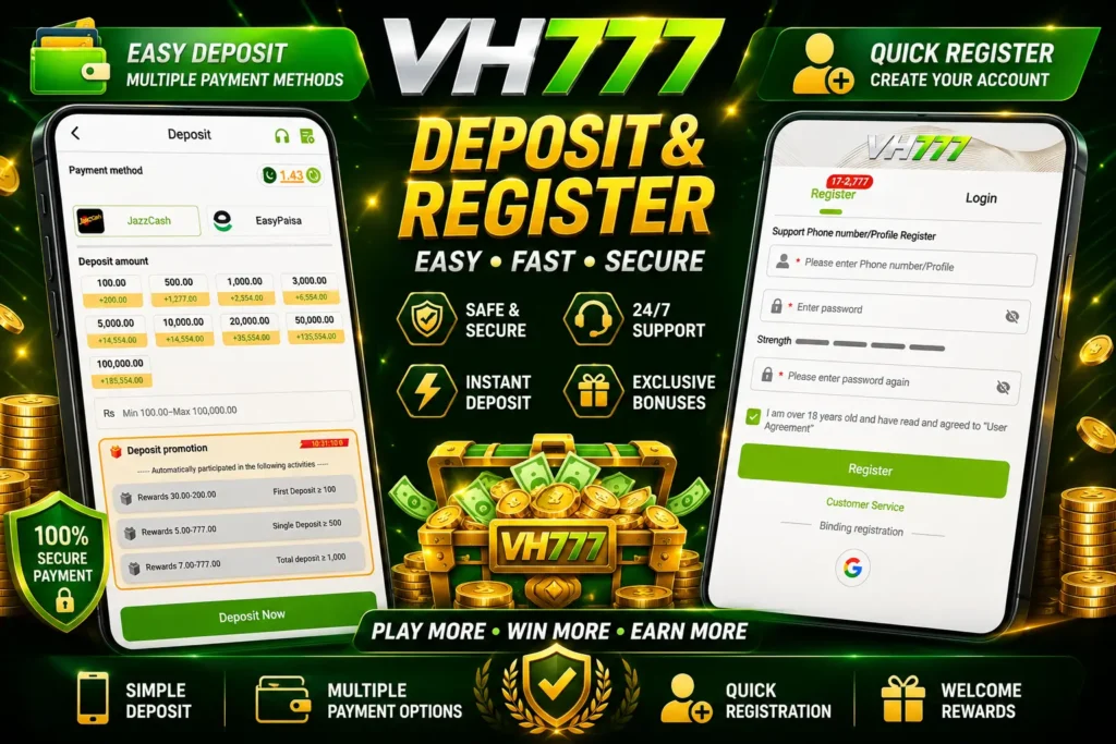 VH777 Game registration and deposit screens showing account creation and JazzCash and Easypaisa payment options for Pakistani users.